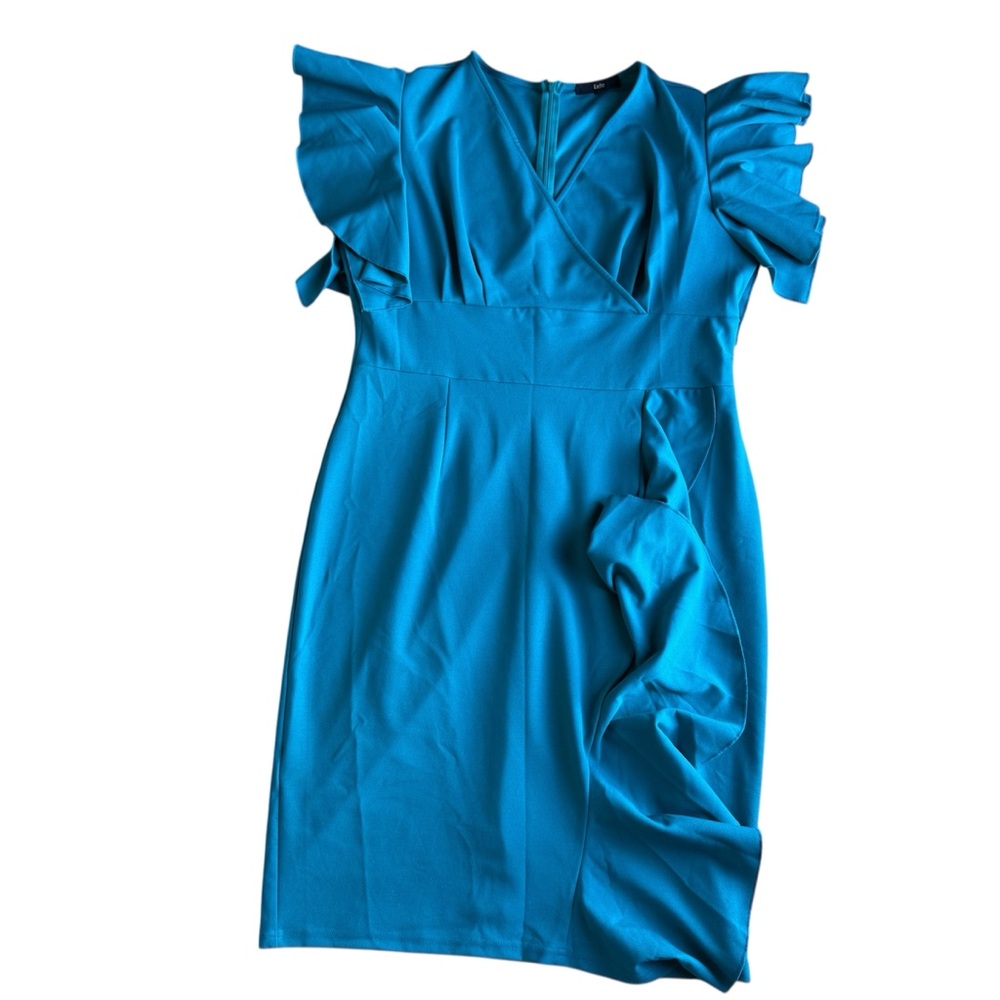 Knitee Women’s Elegant Blue Ruffle Sleeve Dress *Missing Size tag* Wedding Guest